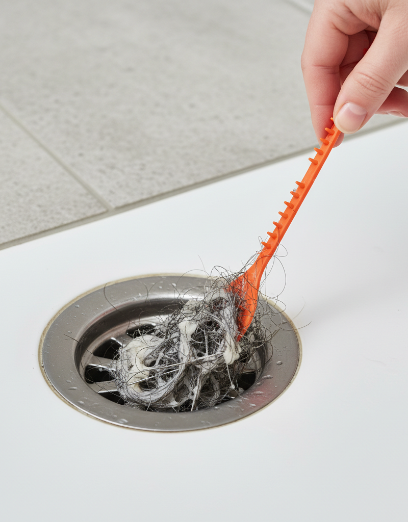 Hand pulling hair clog from a shower drain with a drain snake.