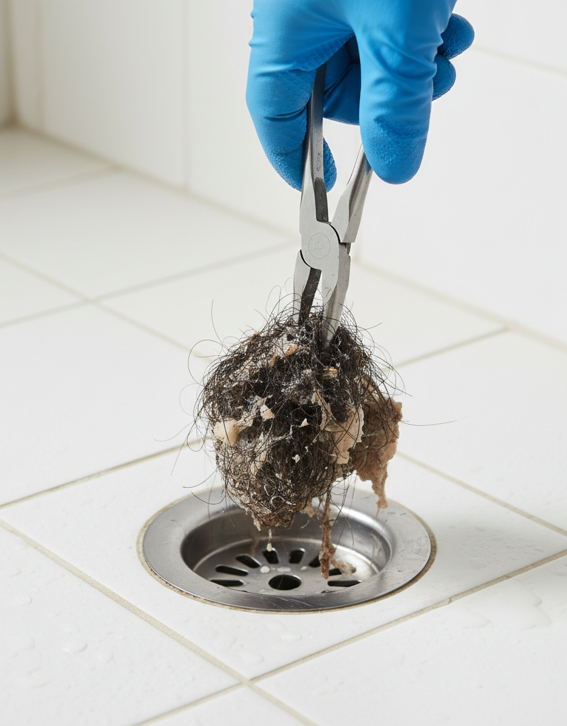 Hand in a rubber glove pulling a hair clog from a shower drain with pliers.
