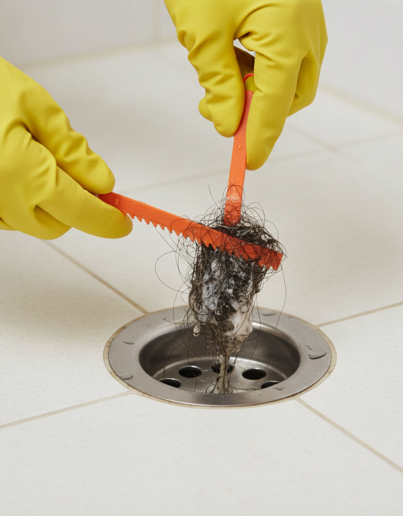 Homeowner removing hair clog from shower drain with a zip-it tool