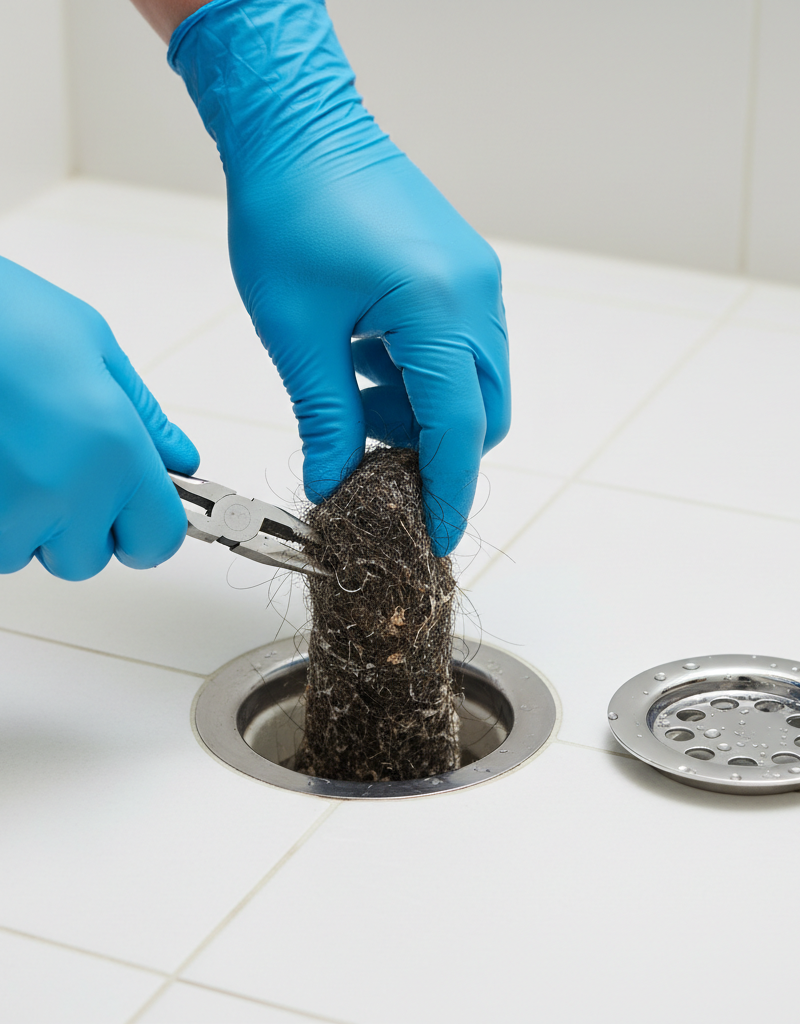 Homeowner removing hair clog from shower drain with pliers, emphasizing a chemical-free fix.