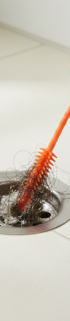 Homeowner uses a barbed drain cleaner to pull hair from a clogged shower drain.