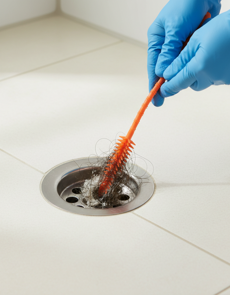 Homeowner uses a barbed drain cleaner to pull hair from a clogged shower drain.