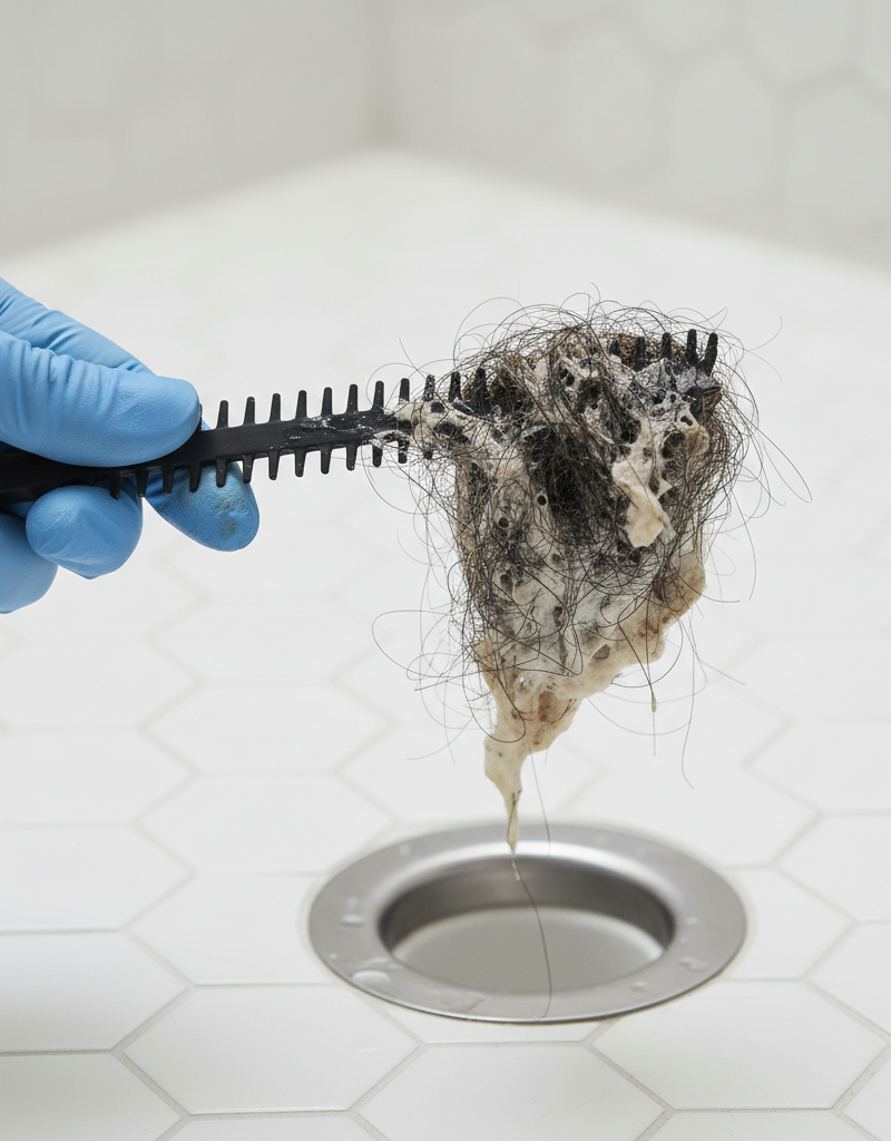 Hand removing hair and gunk from a shower drain with a zip-it tool