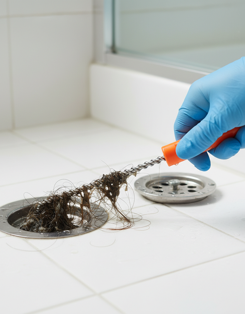 Homeowner clearing a shower drain with a hand-crank drain snake to remove a hair clog.