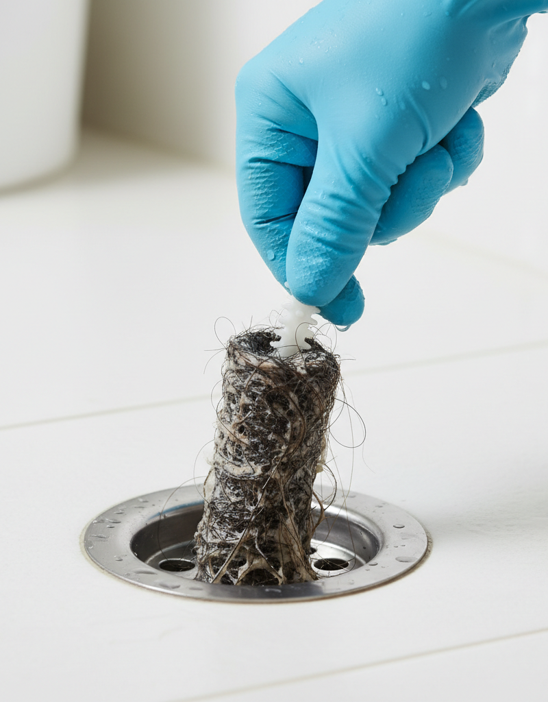 Hand pulling hair clog from shower drain with zip-it tool