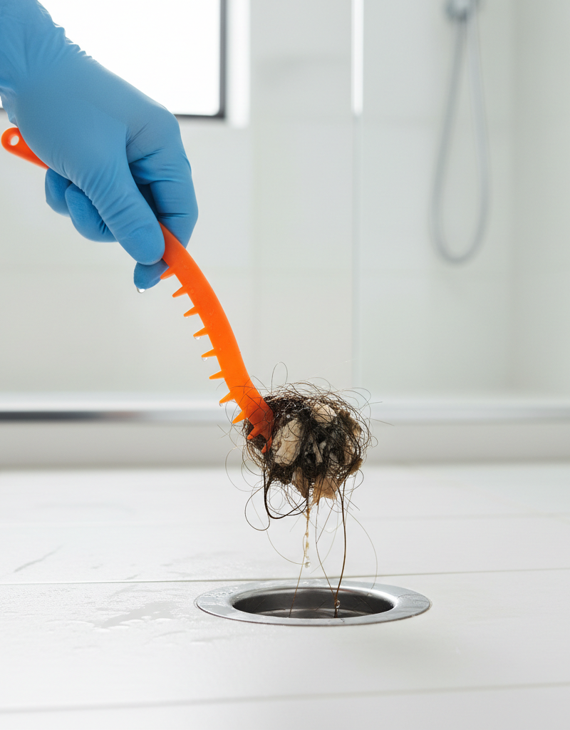 Hand in glove pulling hair clog from shower drain with a plastic drain snake tool.