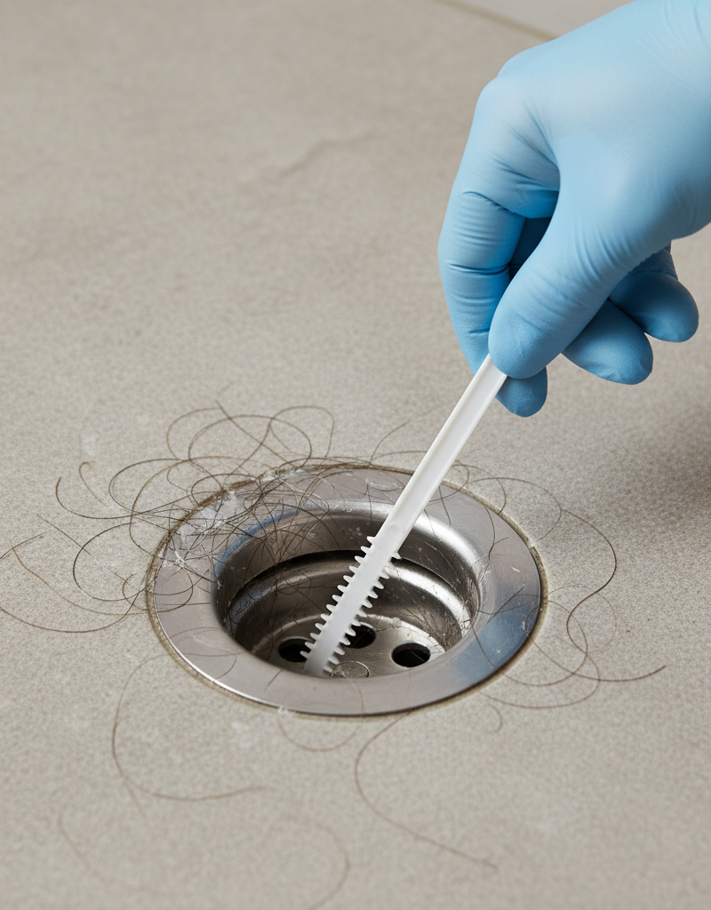 Hand using a plastic drain snake to clear hair and soap scum from a clogged shower drain