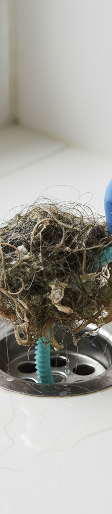 Gloved hand pulling a large hairball from a shower drain with a plastic drain snake.