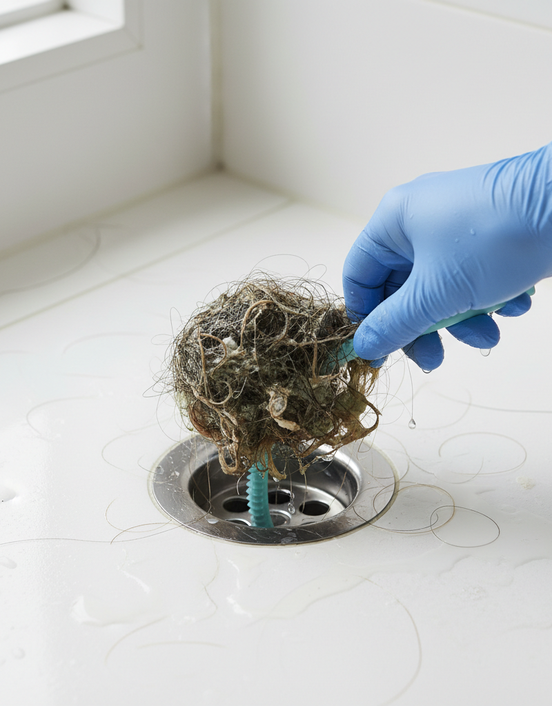 Gloved hand pulling a large hairball from a shower drain with a plastic drain snake.