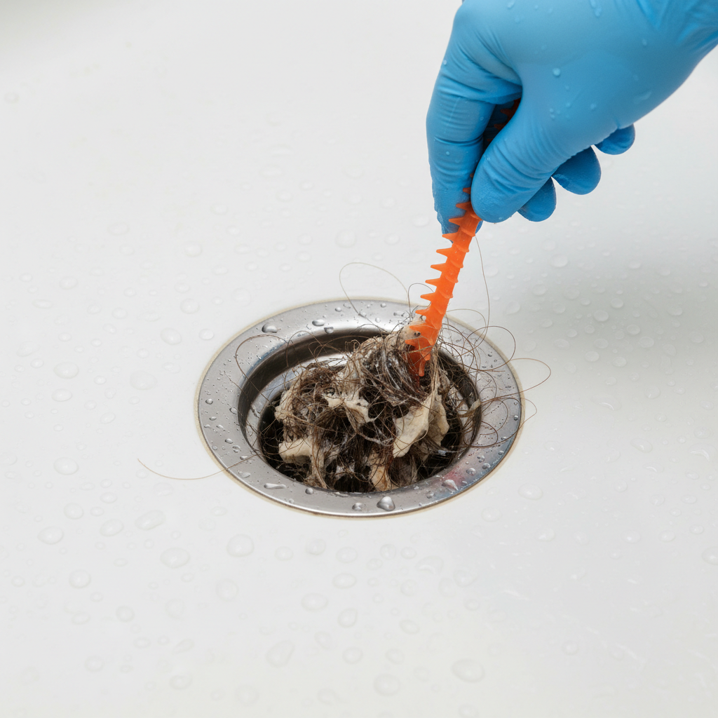 Hand removing a hair clog from a shower drain with a plastic drain snake
