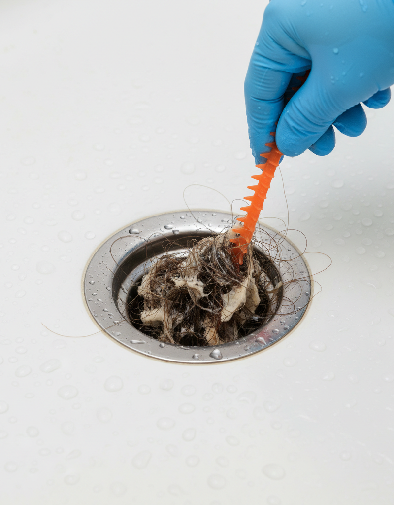 Hand removing a hair clog from a shower drain with a plastic drain snake