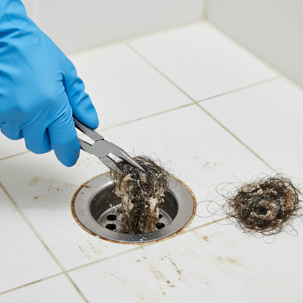 Gloved hand pulling hair and soap scum from a clogged shower drain with pliers.