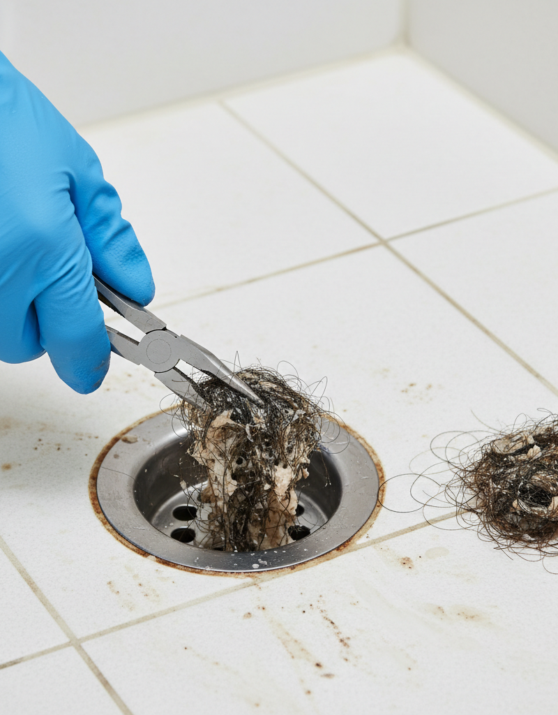 Gloved hand pulling hair and soap scum from a clogged shower drain with pliers.