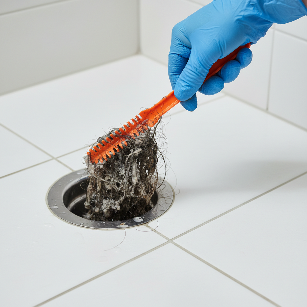 Hand in glove pulling a hair clog from a shower drain with a zip-it tool
