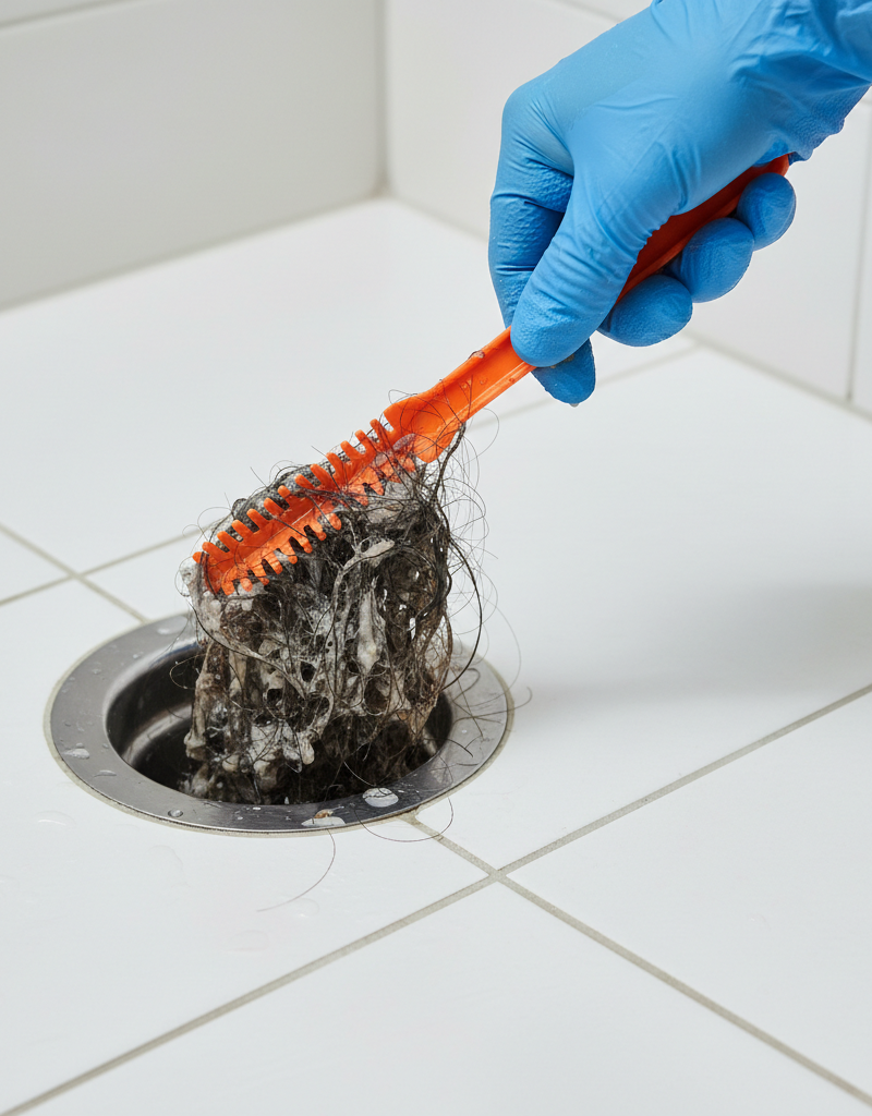 Hand in glove pulling a hair clog from a shower drain with a zip-it tool