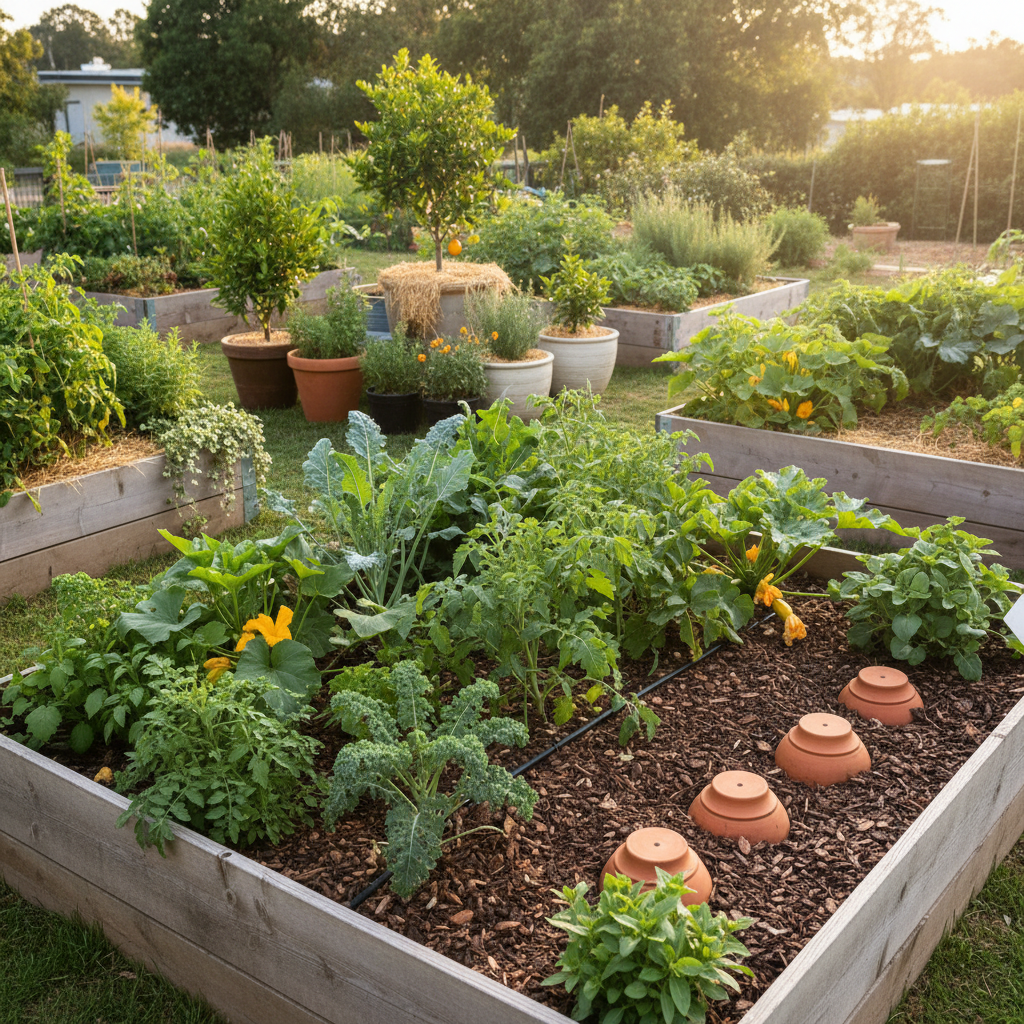 Lush green garden during summer, featuring a thick layer of wood chip mulch, a subtle drip irrigation system, and partially buried clay olla pots, designed to keep plants hydrated while the homeowner is on vacation.