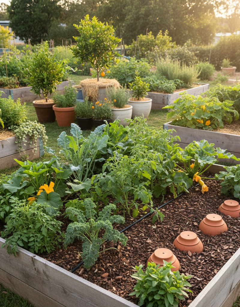 Lush green garden during summer, featuring a thick layer of wood chip mulch, a subtle drip irrigation system, and partially buried clay olla pots, designed to keep plants hydrated while the homeowner is on vacation.