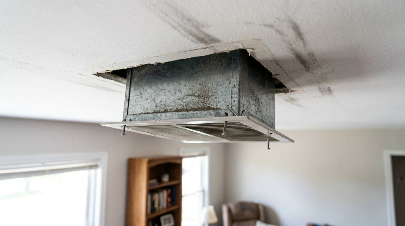 Ceiling air register removed showing dark dust buildup inside sheet metal duct boot