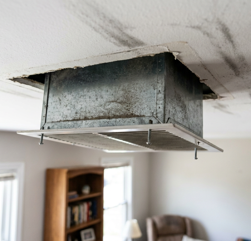 Ceiling air register removed showing dark dust buildup inside sheet metal duct boot