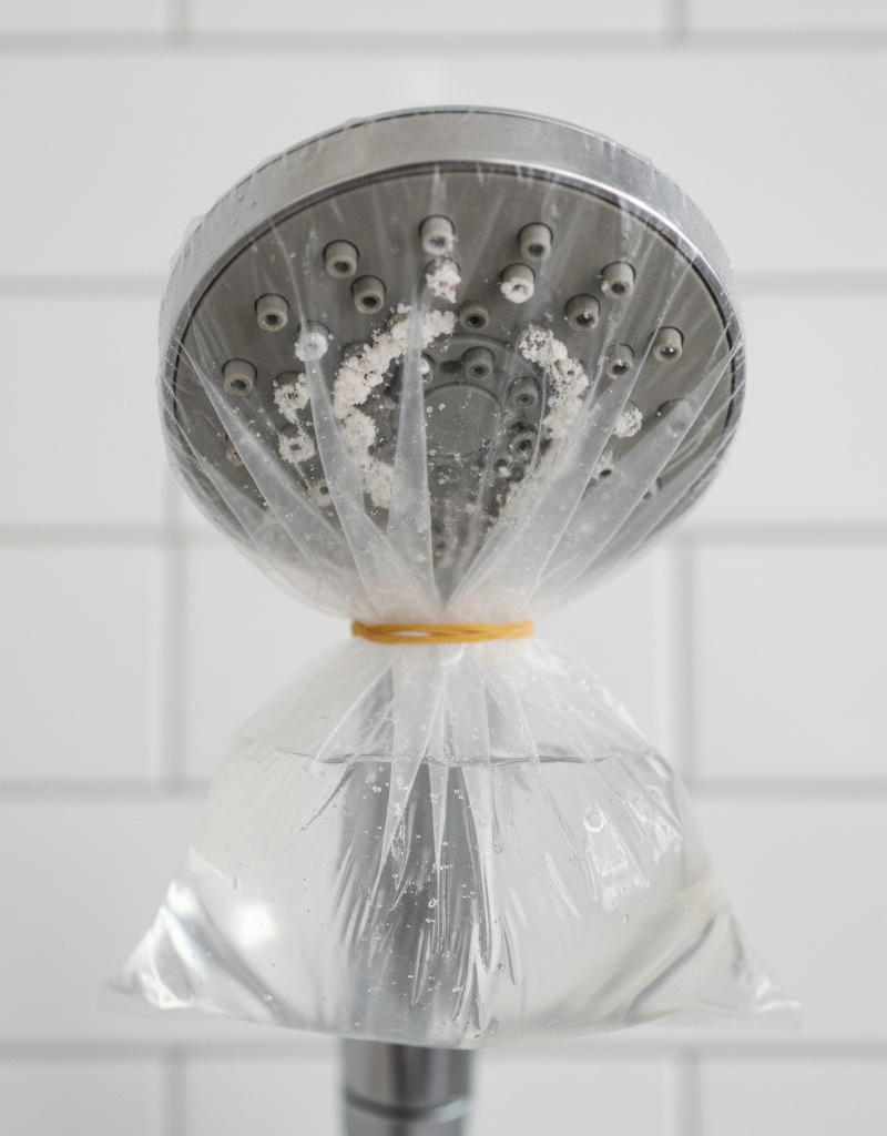 Shower head with mineral buildup submerged in a plastic bag filled with white vinegar, secured with a rubber band.