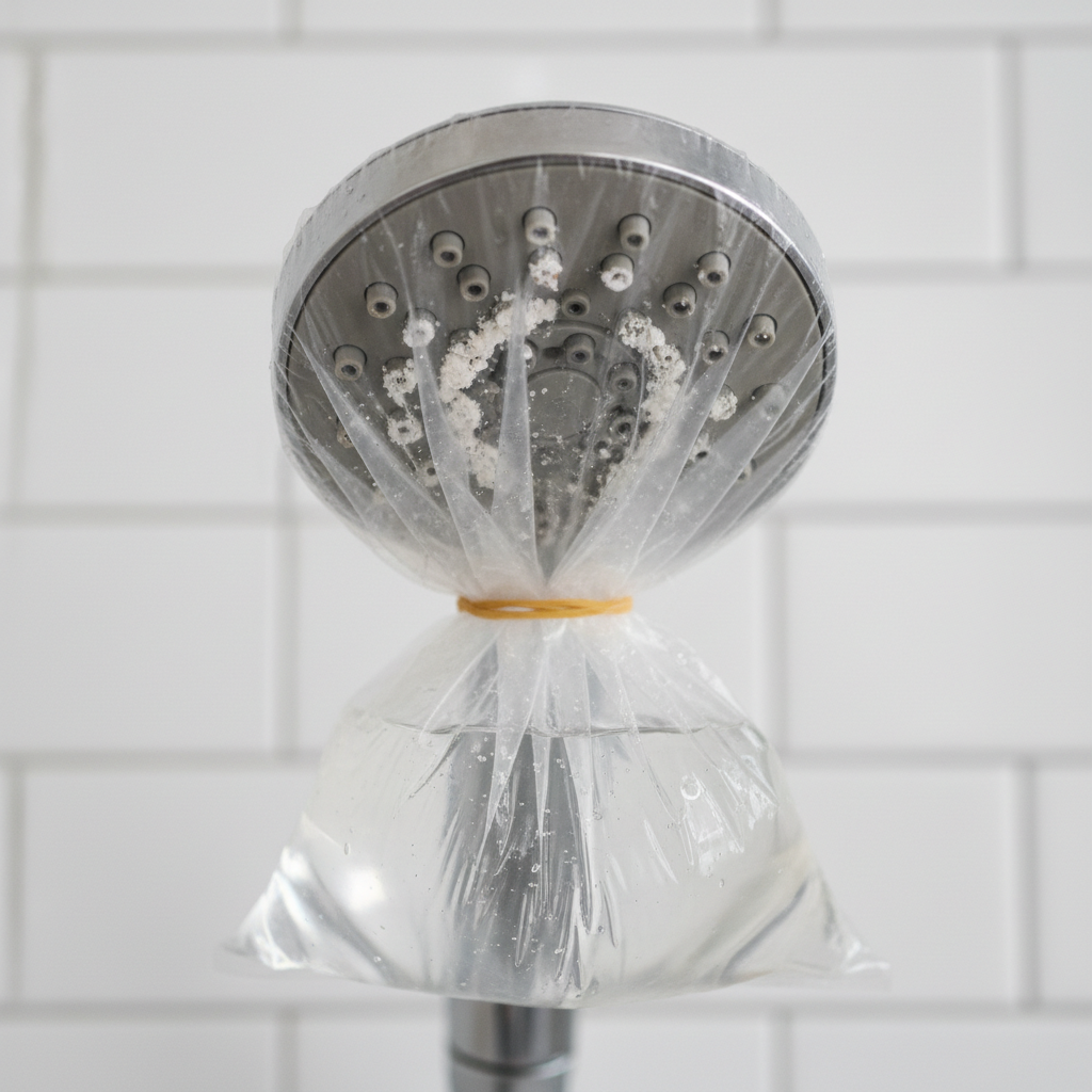 Shower head with mineral buildup submerged in a plastic bag filled with white vinegar, secured with a rubber band.