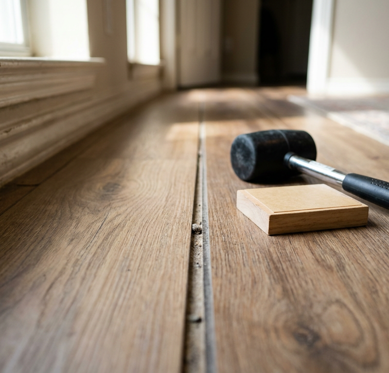 Separated vinyl plank flooring seam gap on a living room floor