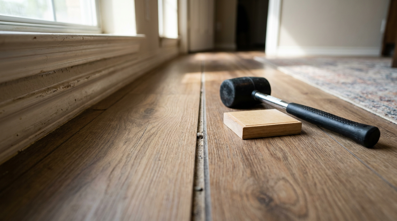 Separated vinyl plank flooring seam gap on a living room floor