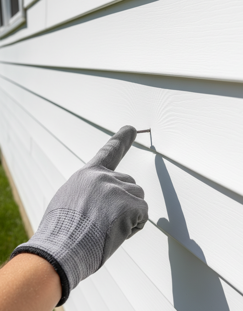 Contractor pointing at buckled vinyl siding, showing ripples and waves from improper installation.