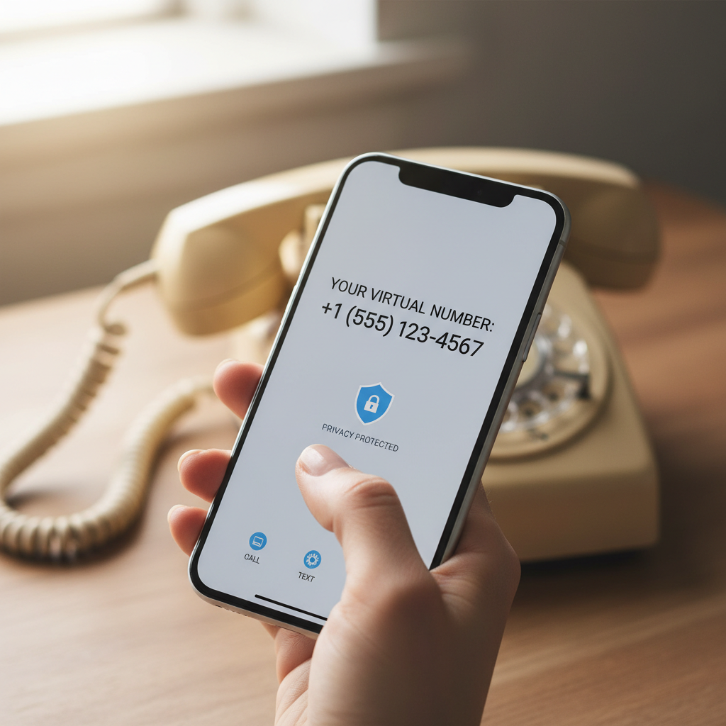 Smartphone displaying a virtual number, protecting a home landline phone from spam calls