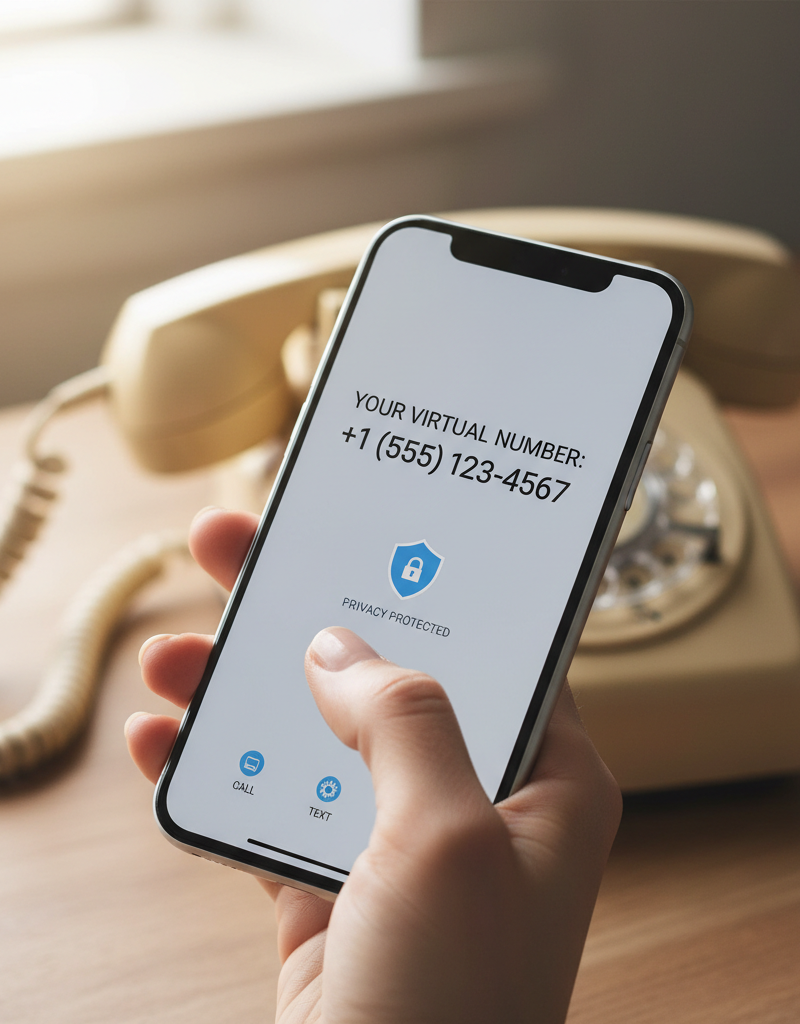 Smartphone displaying a virtual number, protecting a home landline phone from spam calls