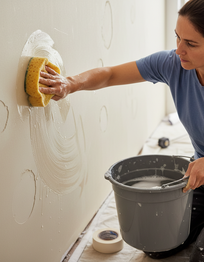 Homeowner meticulously cleaning a wall with a sponge and bucket before painting