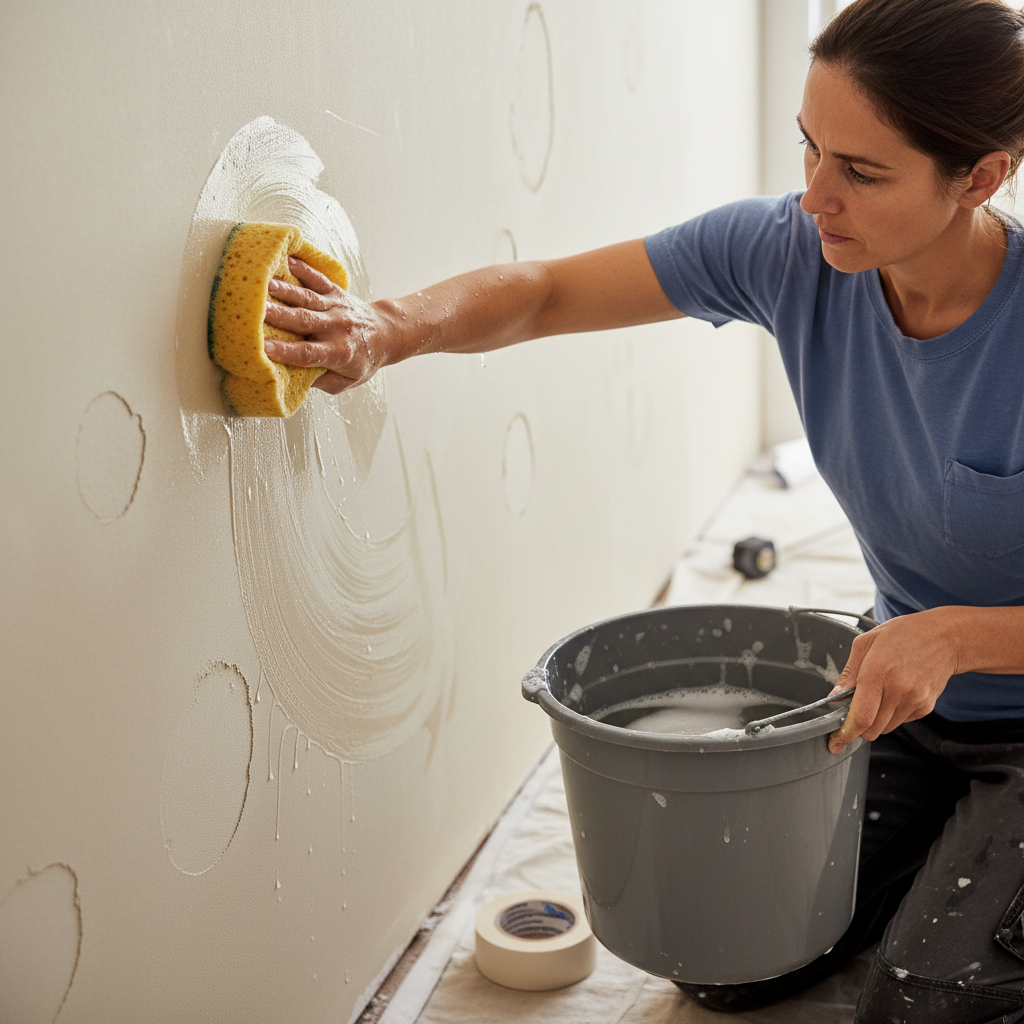 Homeowner meticulously cleaning a wall with a sponge and bucket before painting