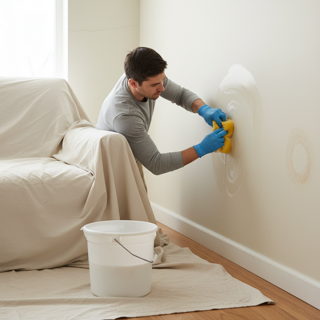 Homeowner cleaning wall before painting to remove dirt and prepare surface