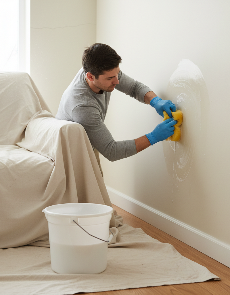 Homeowner cleaning wall before painting to remove dirt and prepare surface