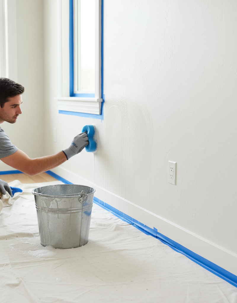 Homeowner meticulously cleaning an interior wall with a sponge and bucket, preparing for painting.