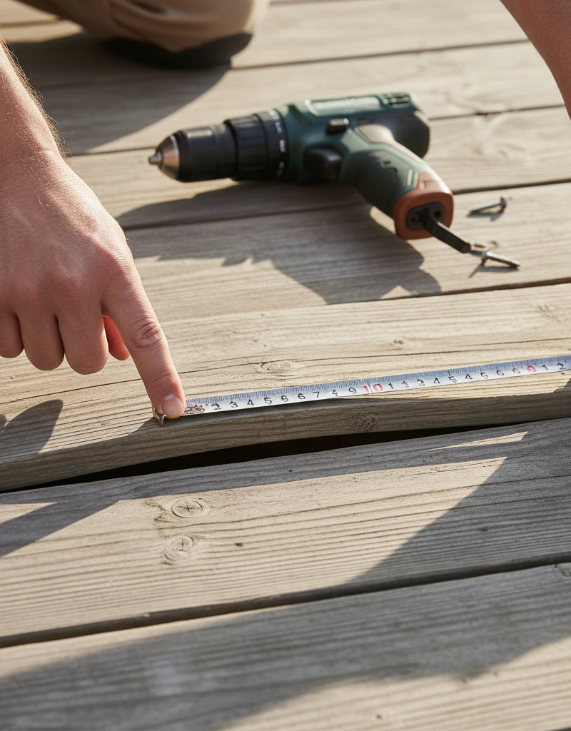 Homeowner inspecting a slightly warped wooden deck board on a sunny day.