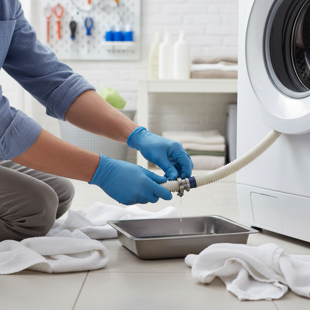 Homeowner repairing a washing machine drain pump, disconnecting a hose to fix a leak from the bottom.