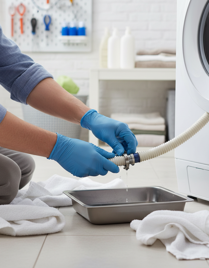 Homeowner repairing a washing machine drain pump, disconnecting a hose to fix a leak from the bottom.