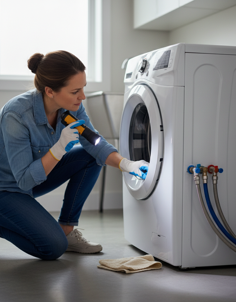 Homeowner inspecting washing machine hoses for leaks in a laundry room