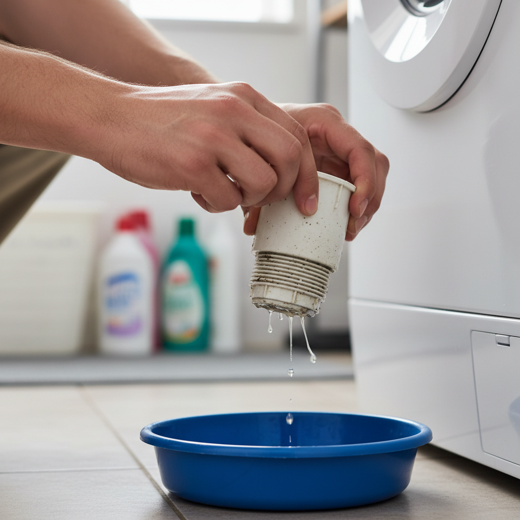 Homeowner inspecting and cleaning a drain pump filter on a washing machine, with towels on the floor.