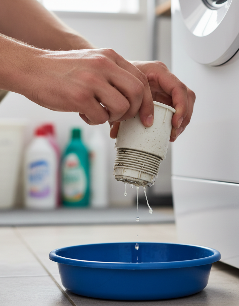 Homeowner inspecting and cleaning a drain pump filter on a washing machine, with towels on the floor.