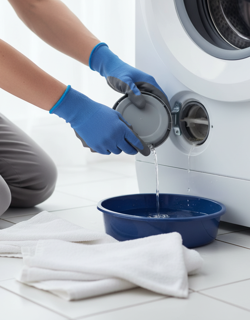 Homeowner inspecting the drain pump filter on a washing machine leaking from the bottom.