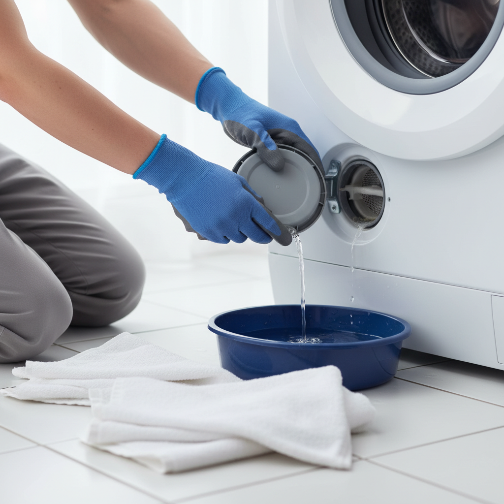 Homeowner inspecting the drain pump filter on a washing machine leaking from the bottom.