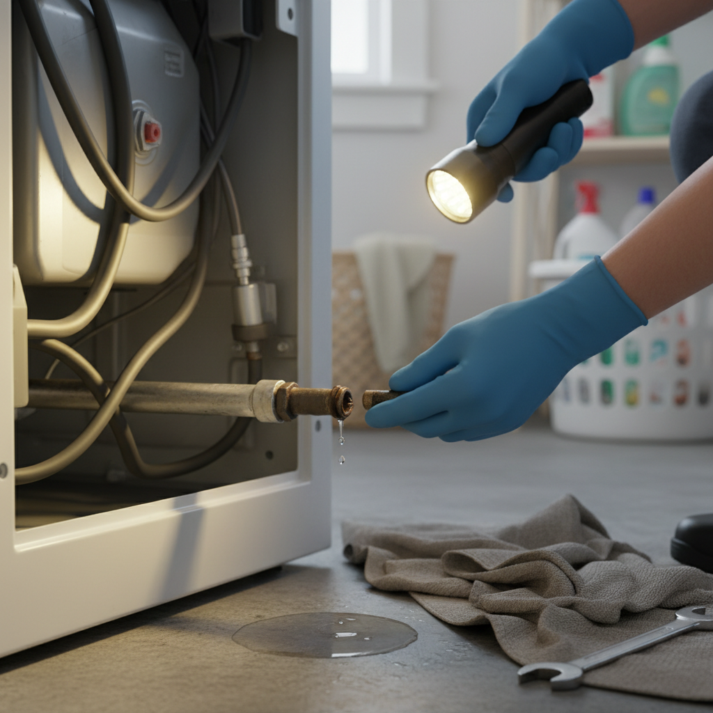 Homeowner inspecting the bottom of a washing machine for a leak with a flashlight