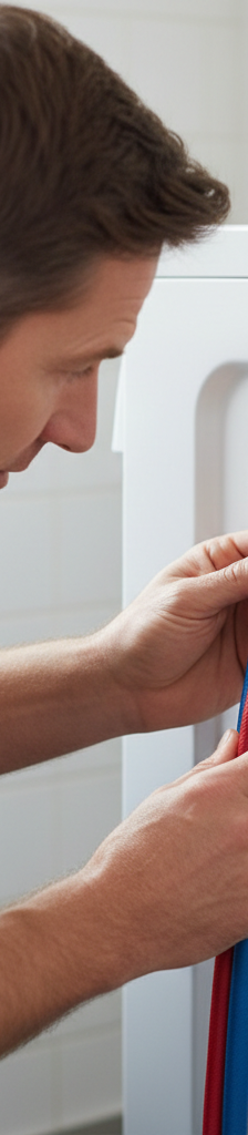 Homeowner inspecting the back of a washing machine for leaks from supply hoses