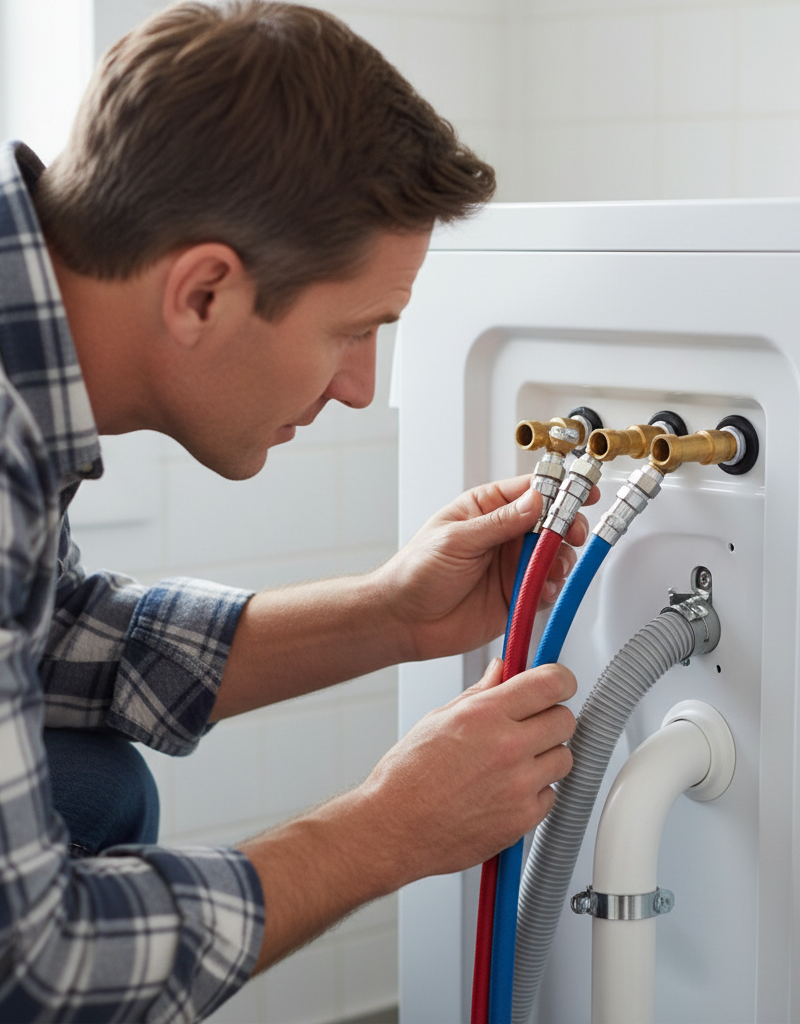 Homeowner inspecting the back of a washing machine for leaks from supply hoses