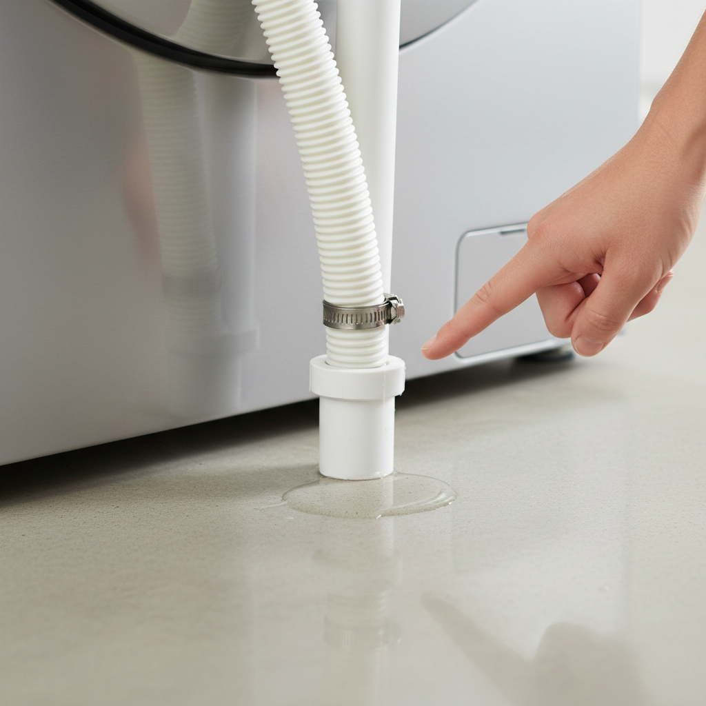 Homeowner inspecting a leaking washing machine drain hose connected to a standpipe.