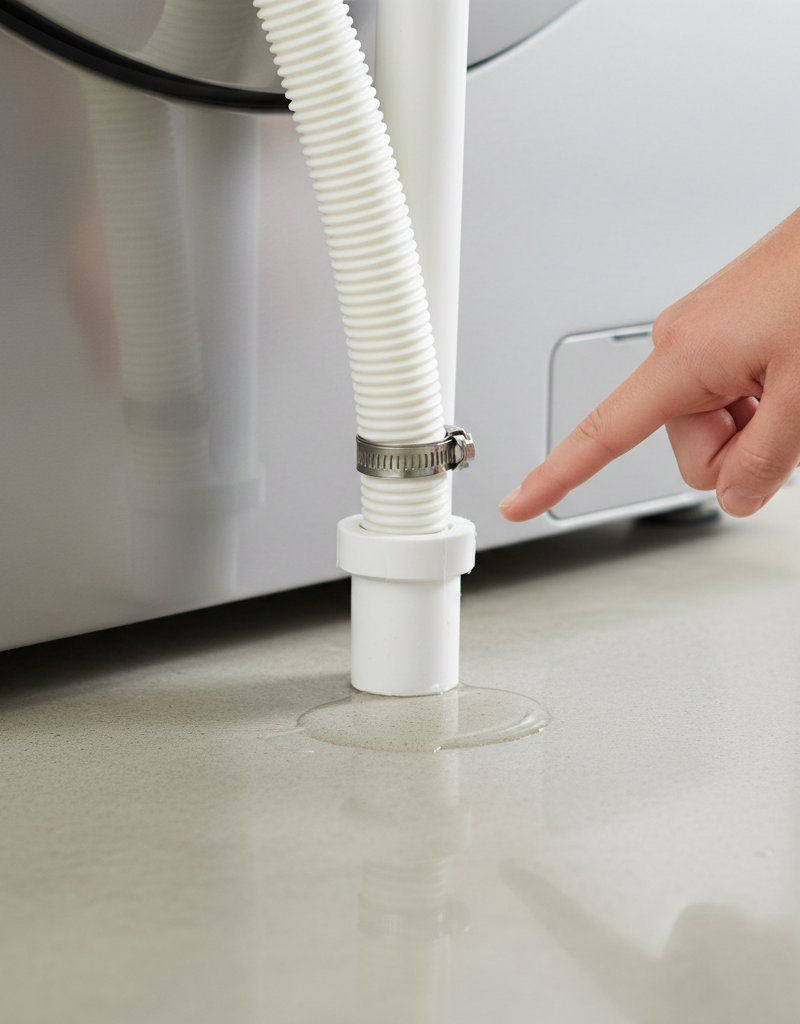 Homeowner inspecting a leaking washing machine drain hose connected to a standpipe.
