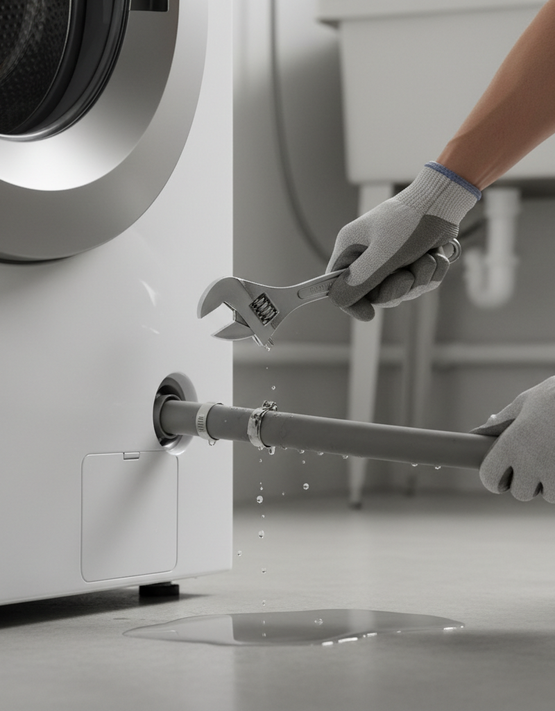 Homeowner inspecting and tightening washing machine drain hose connection.