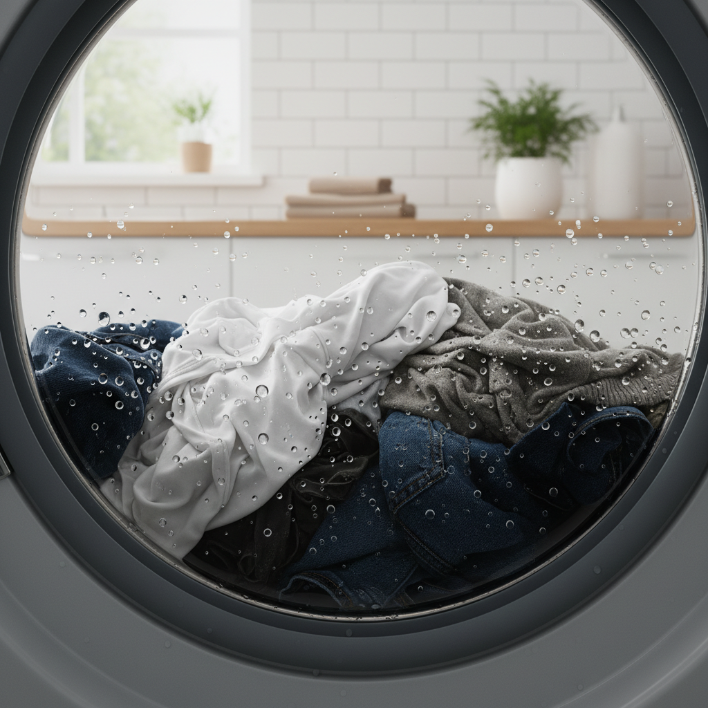 Soaking wet clothes inside a front-load washing machine, indicating a failed spin cycle